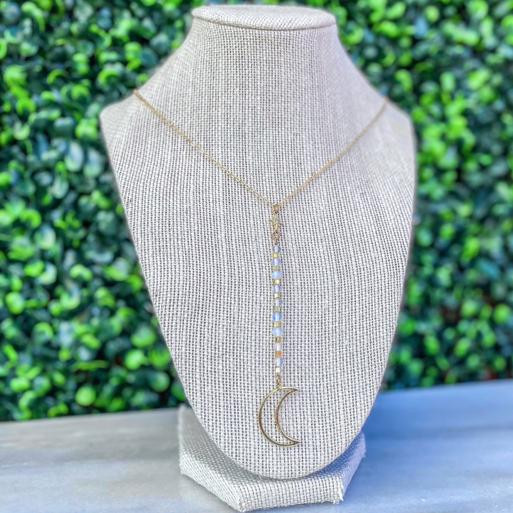 White Opal Crescent Moon Beaded Necklace Genuine Lariat Gemstone Bohemian